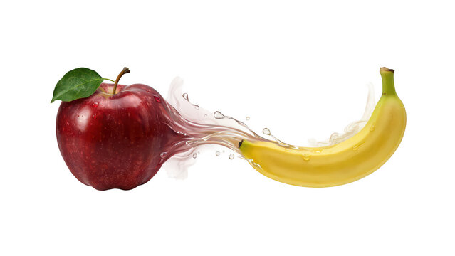 A vibrant red apple and a yellow banana connected by a splash of white milk, isolated on a black background, showing fresh fruit concept