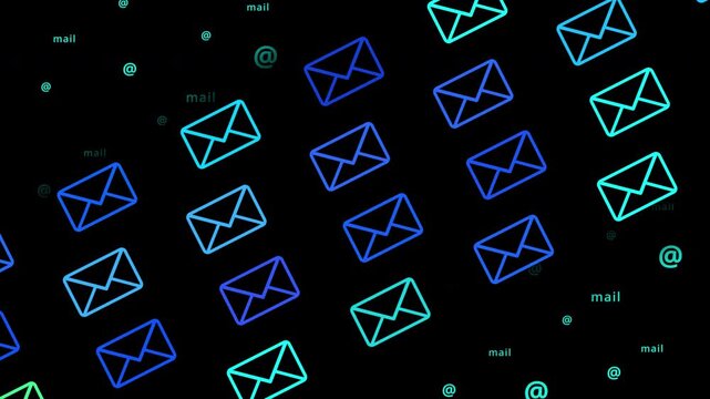 Email envelopes background flow icons. Neon pattern with flying mail envelopes. Digital message sending, email flow, inbox management, communication, cyber network notifications and online symbols.