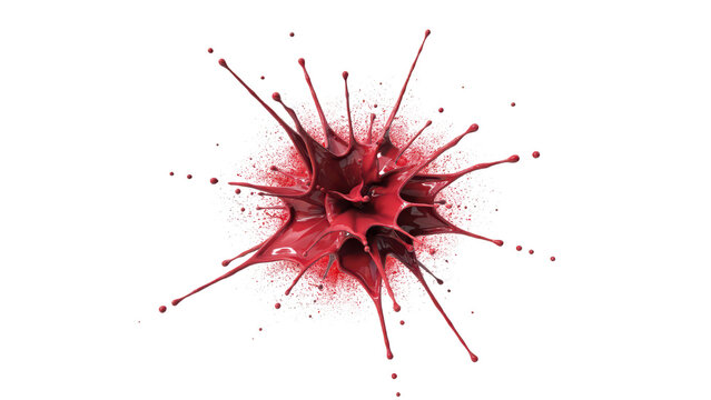 A vibrant red liquid splash erupting from a central point, creating a star-shaped pattern with numerous droplets flying on a black background