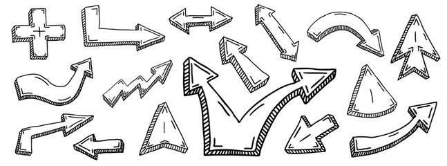 Set of black grunge doodle comic hand drawn arrows and mouse cursors isolated on transparent backround. Sketch grafity style ink symbols collection. Vector PNG © boxerx