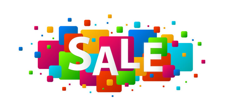 Sale concept. Modern colored rainbow squares glitter isolated on transparent background. Colorful particles pattern. New design for presentation, poster, flyer, cover, brochure, banner. Vector PNG