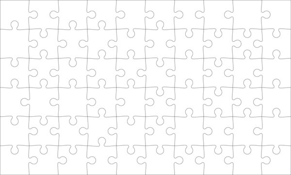 Detailed various shapes puzzle grid overlay. Jigsaw puzzle blank template. 10x6 shapes, 60 pieces. Separate matching puzzle elements. Vector png