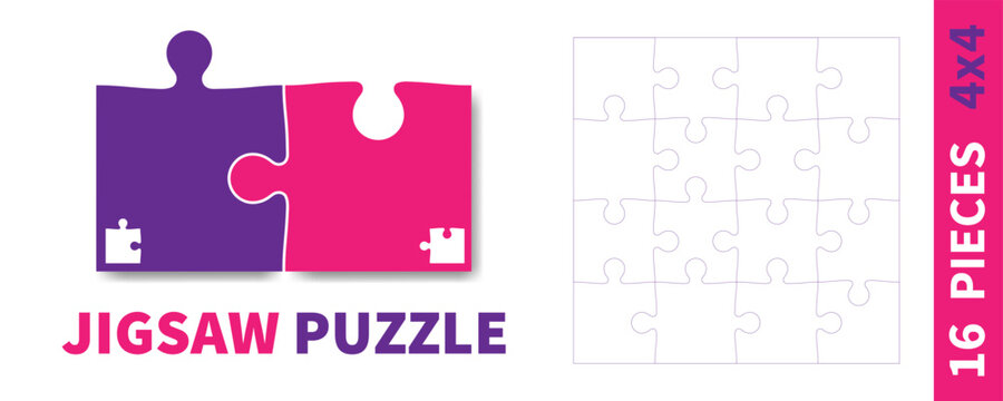 Detailed various shapes puzzle grid. Jigsaw puzzle blank template. 4x4 shapes, 16 pieces. Separate matching puzzle elements. Vector illustration