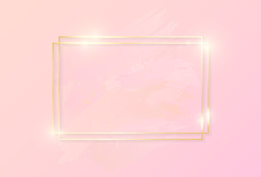 Gold shiny glowing art rectangle frame with rose pastel brush strokes isolated on pink background. Golden luxury line border for invitation, card, sale, fashion, wedding, photo etc. Christmas and New 