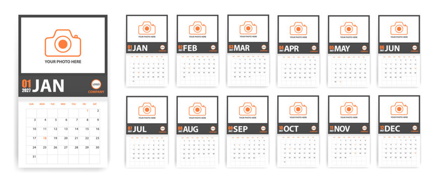 2027 calendar in grey and orange style with place for photo isolated. Event planner. All size. Vector illustration