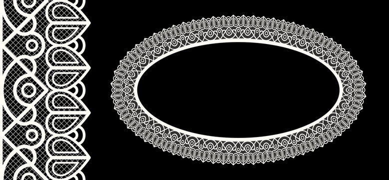 Seamless realistic textured lace border oval frame isolated on black. Vintage crochet embroidery frame. Classic ornament border trim ribbon line. Vector illustration