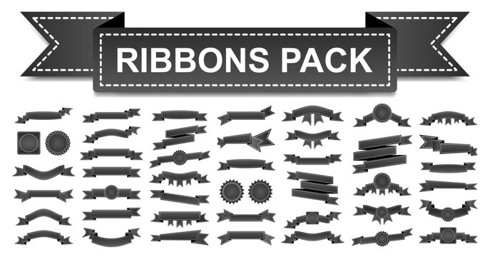 Black ribbons banner big pack banners. Set of flat style ribbon isolated on transparent background. Festive or sale collection. Christmas elements. Vector illustration