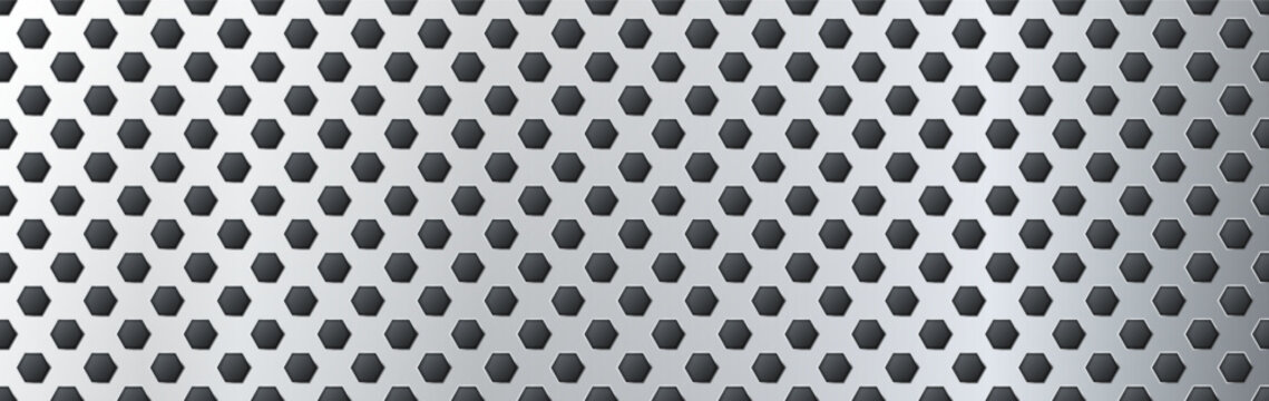 Gray seamless perforated metal sheet realistic texture. Metal chrome grill plate with hexagon holes. Modern design carbon radiator bg. Macro speaker radiator. Vector illustration