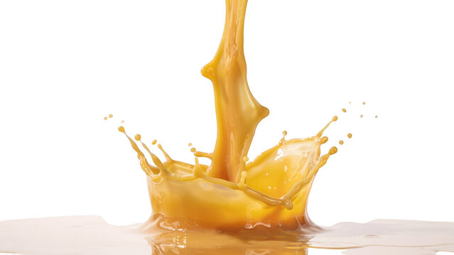 A vibrant splash of thick yellow liquid, likely mango juice or smoothie, creating a crown shape with droplets against a solid black background
