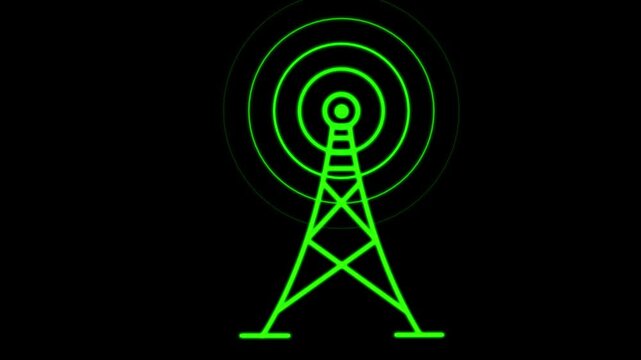 Green communication tower with wireless signal waves graphic. Telecommunication tower symbol for digital network data broadcast. Animated tower loop.