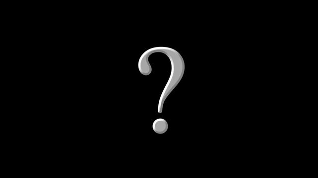 Animated white question mark on black background - loopable 3D style. Stylized question mark animation for quiz or tutorial video.
