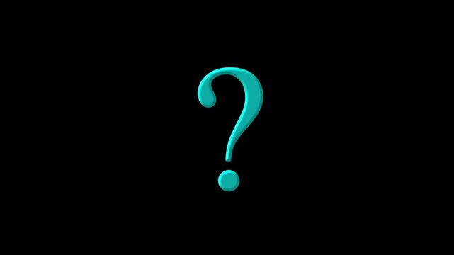 Animated Cyan question mark on black background - loopable 3D style. Stylized question mark animation for quiz or tutorial video.