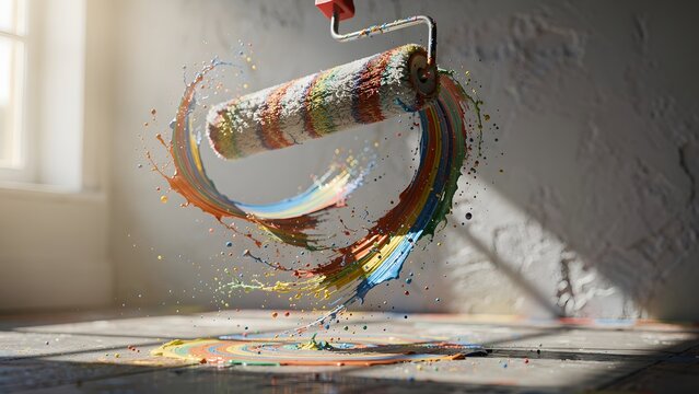 Creative paint roller splashing vibrant colorful paint in a sunny room interior