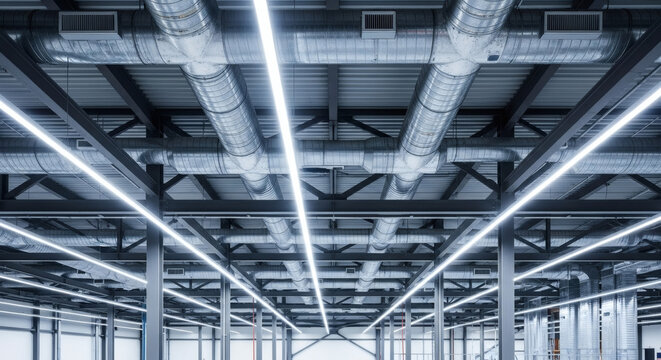 Industrial ceiling ventilation system with exposed metal pipes and bright linear LED lighting in a modern commercial warehouse interior space