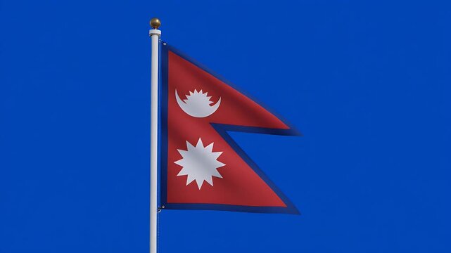 Nepal's vibrant flag waving gently against a plain blue screen background, symbolizing national pride and cultural heritage in a smooth, dynamic motion video