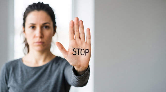 A woman raises her hand with the word stop written on it. She is standing indoors with natural light coming through the window. The background is plain and neutral