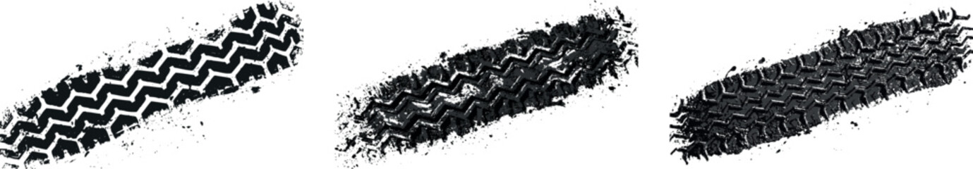 Grunge tire track print isolated texture set. Dirty vehicle wheel trail, mud splash and off road drift pattern black vector illustration. © FreelancerHasin