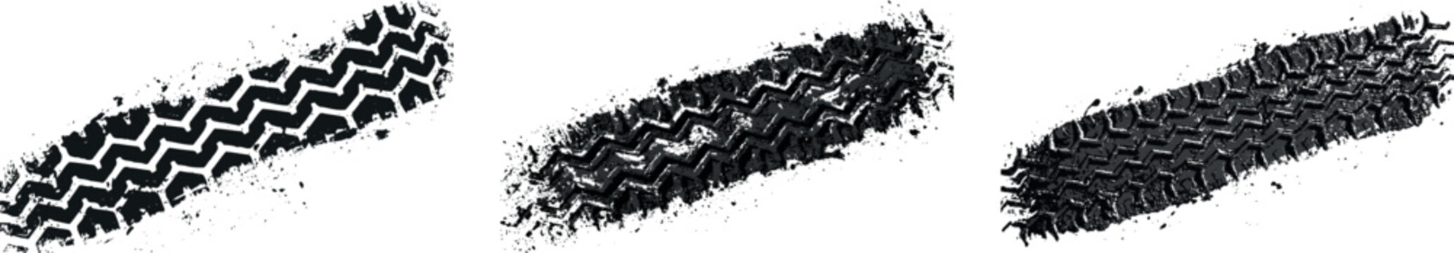 Grunge tire track print isolated texture set. Dirty vehicle wheel trail, mud splash and off road drift pattern black vector illustration.