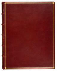 Fototapeta premium Vintage red leather book cover overlay isolate on transparent background (png). Antique burgundy spine and gold foil embossed frame template with blank copy space for luxury mockup design.