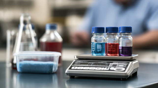 Colorful laboratory sample vials on precision digital scale with chemical materials illustrating scientific research analytical testing and pharmaceutical development