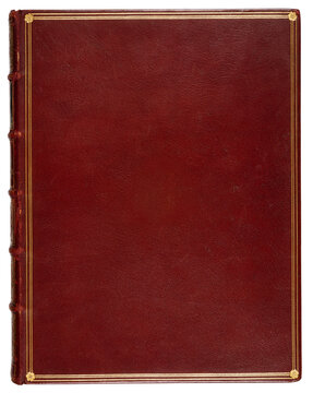 Vintage red leather book cover overlay isolate on transparent background (png). Antique burgundy spine and gold foil embossed frame template with blank copy space for luxury mockup design.