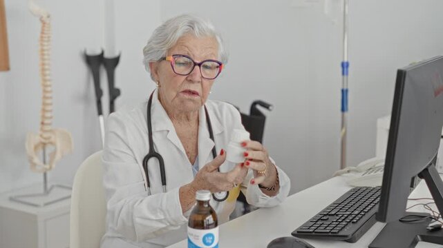 Woman doctor opens pill bottle and points finger to label in clinic building; patient safety concern.