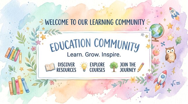 Colorful watercolor education community welcome banner template for school or online learning, generative AI