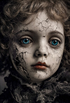 Haunted Antique Porcelain Doll Portrait with Cracked Face