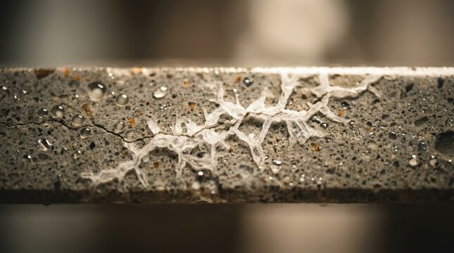 Self-healing concrete macro showing a hairline crack bridged by white crystalline precipitate, water droplets, embedded microcapsules, and fine aggregate grains. Raking light reveals the repair zone