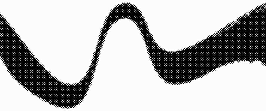 Monochrome halftone dotted illustration, abstract dynamic wave, ribbon pattern. Curved line with halftone effect, flud design. Vector minimalist background.