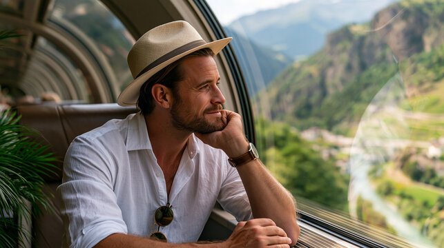 Man looking out of a train window at mountains while wearing a hat