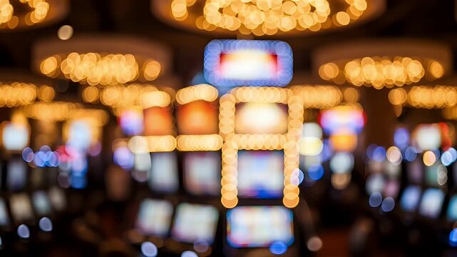 Defocused colorful arcade machines illuminated with bright warm bokeh lights creating a vibrant atmosphere inside a modern arcade hall designed for gaming and night time entertainment