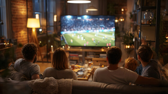 Friends Watching Football Match at Home: A group of friends are gathered in a cozy living room, excitedly watching a football match on a large television screen, enjoying snacks and drinks.