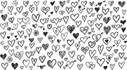Fototapeta premium Black line doodle sketch hearts collection, hand drawn love heart symbols isolated on white background, romantic decorative illustration set