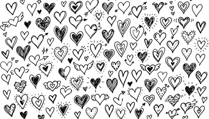 Fototapeta premium Black line doodle sketch hearts collection, hand drawn love heart symbols isolated on white background, romantic decorative illustration set