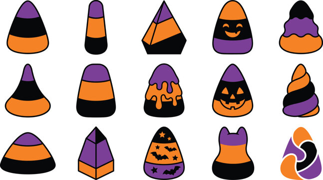Halloween candy corn vector icons, 15 spooky orange and purple sweets, decorative autumn holiday treats, flat cartoon candy corn set