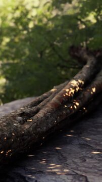 A thick branch lies on a flat stone surface. Sunlight filters through the leaves above, casting shadows on the stone. The scene is natural and quiet.
