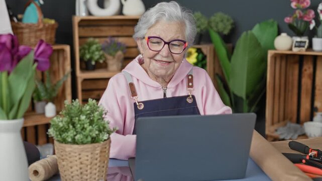 Woman florist wearing apron smiles at laptop amid flowers and tools in studio; small business contentment.
