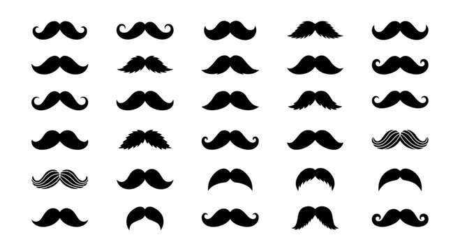 Collection of black mustache silhouettes in various shapes and styles on transparent background