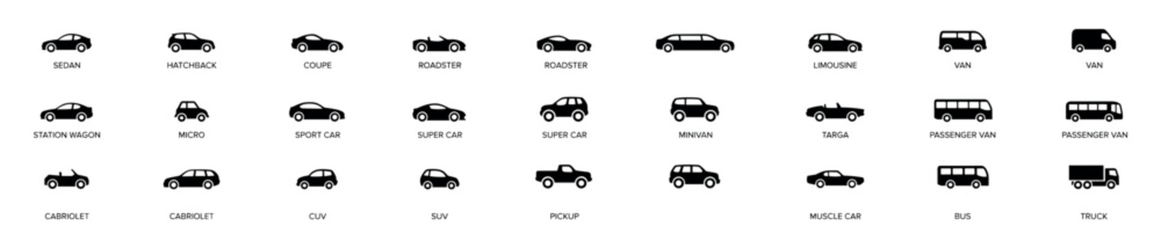 Vector  set of black car silhouette with vehicle type labels on transparent background