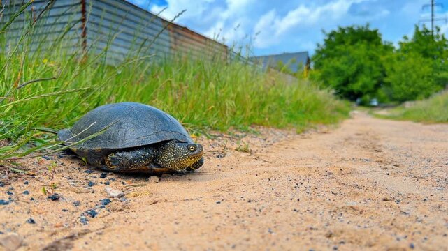 Pond turtle crawling on a rural dirt track. Ground level shot of a European spotted reptile on sand with green grass and background fence.