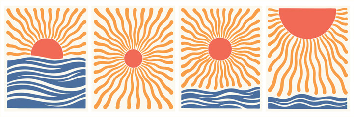Abstract sun with radiating rays over wavy ocean water set in a mid century modern style © MadhobiRani