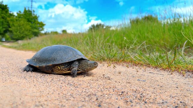 European pond turtle crawling on sandy road near grass. Low angle side view of a black speckled reptile under bright daylight with clouds.
