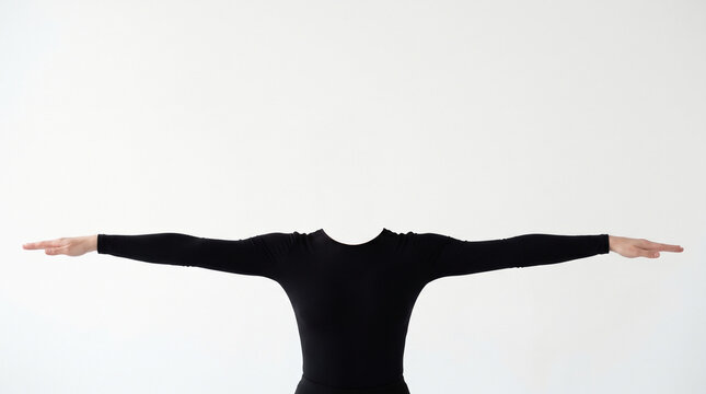 Invisible head person with arms extended white background
