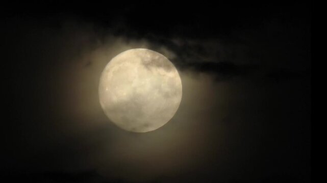 A supermoon in the clouds. The full moon moves behind dark clouds in the black night sky