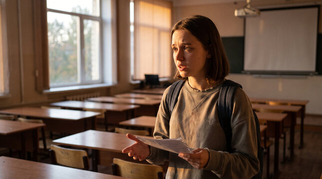 Stressed student holding paper in empty university classroom