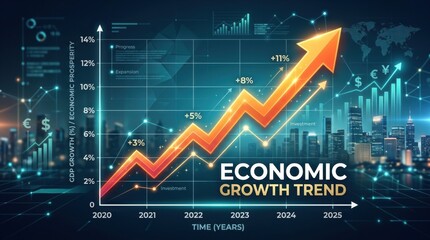 Naklejka premium Upward economic growth trend chart with rising arrow and data points for business presentation background and financial report infographic design