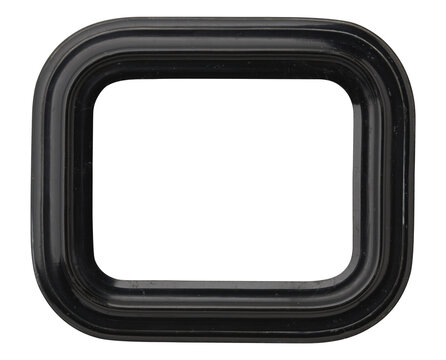 Vintage black glossy picture frame with rounded corners, showing signs of age, wear, scratches, and dust. Isolated on transparent background PNG.
