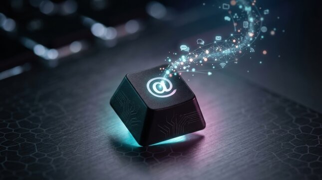 Glowing at symbol keyboard key emitting digital icons and data stream for email communication and technology background and cyber banner