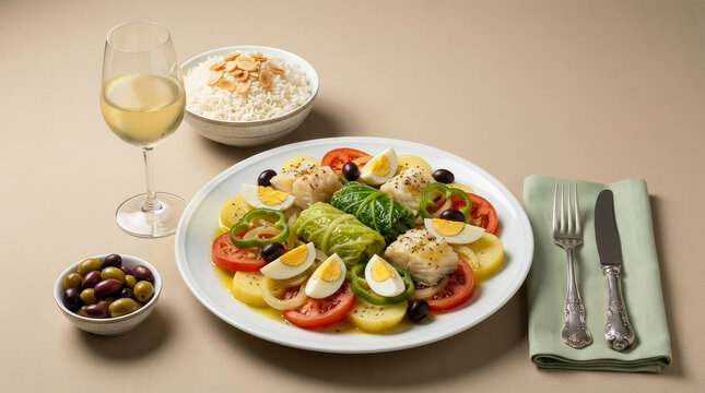 Traditional salt cod dish with boiled eggs and almond rice, accompanied by a mix of olives and a glass of white wine, set on a table with a linen tablecloth